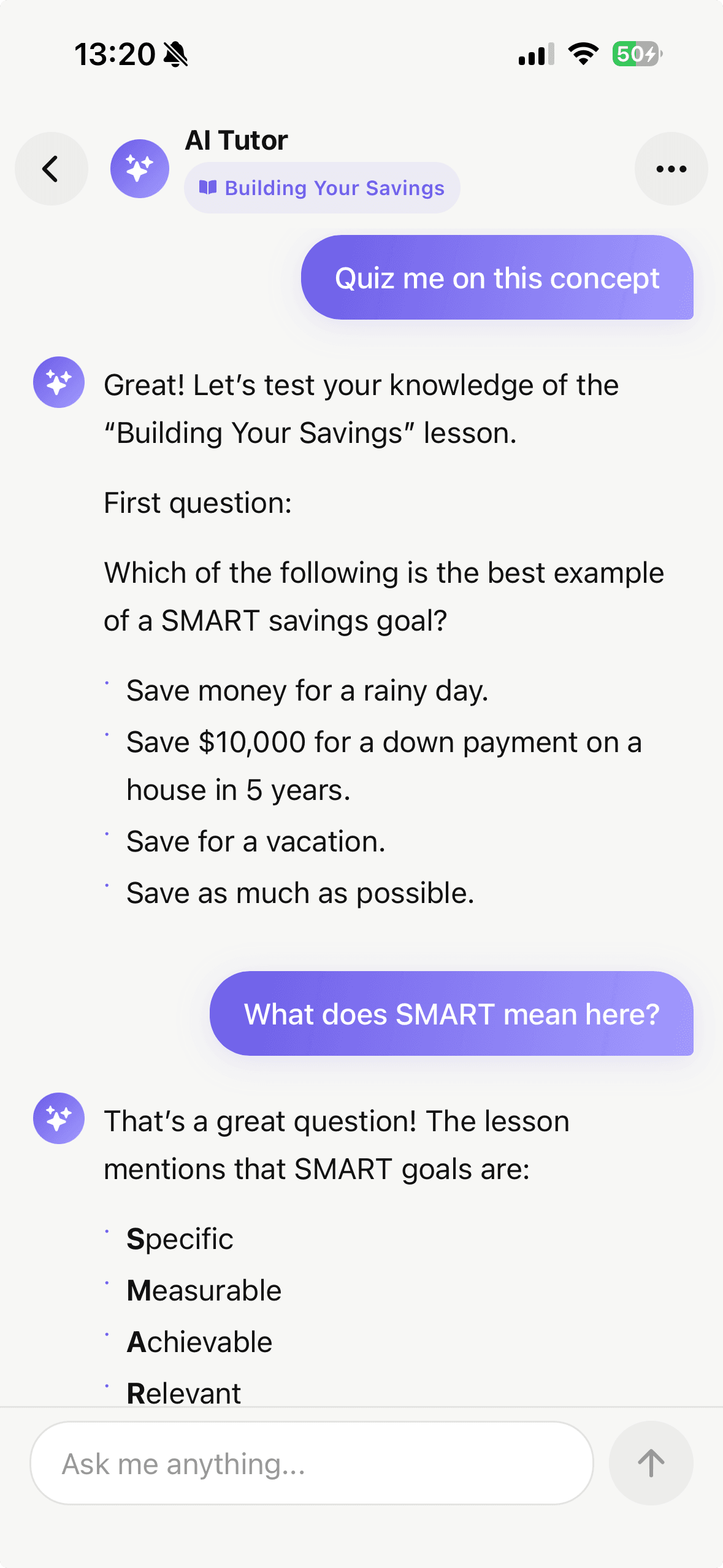 Chat screen showing an AI Tutor conversation