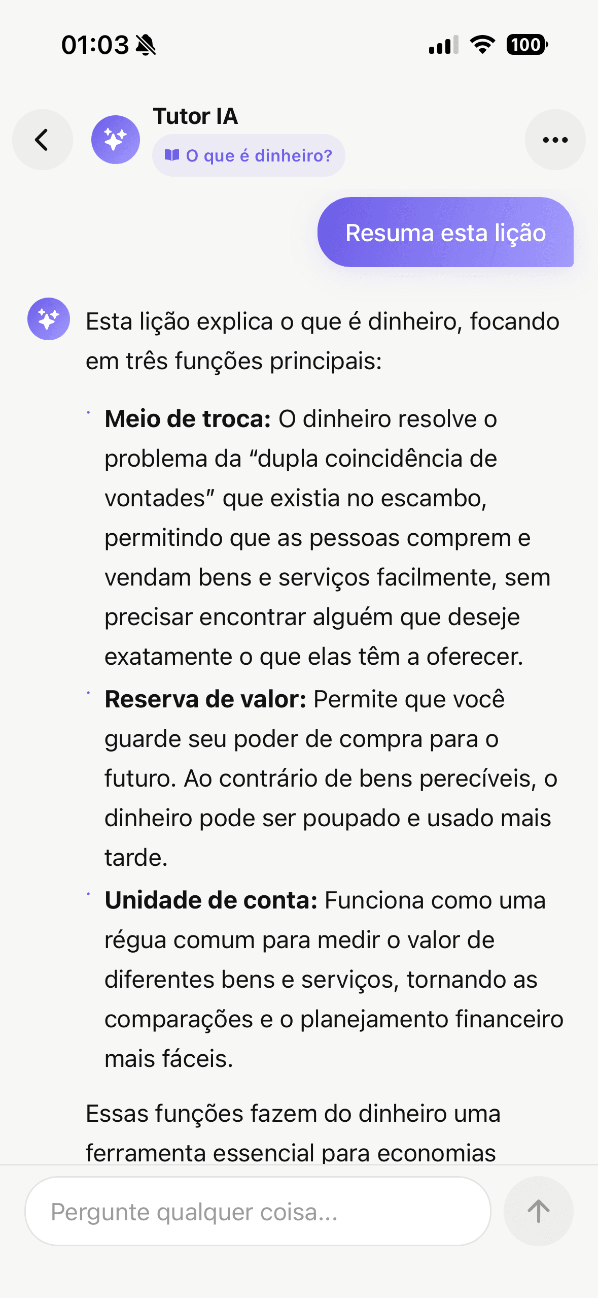 Tela de chat com uma conversa do Tutor IA